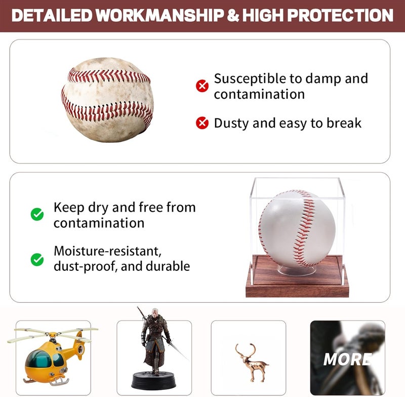LiTY Baseball Display Case, No Assembly Required Clear Cube Tennis Ball Holder with Solid Wooden Base, Autograph Baseball Stand Box for Single Ball (1 Pack) - Image 4